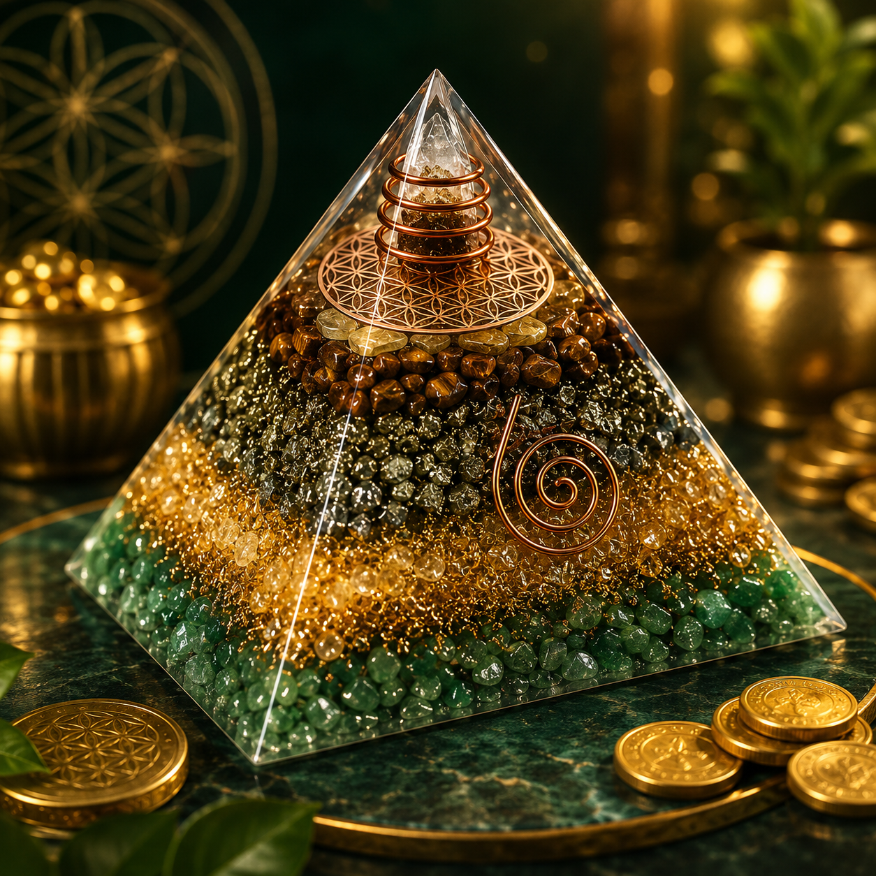 Money Magnet Pyramid with sacred geometry and gold coins