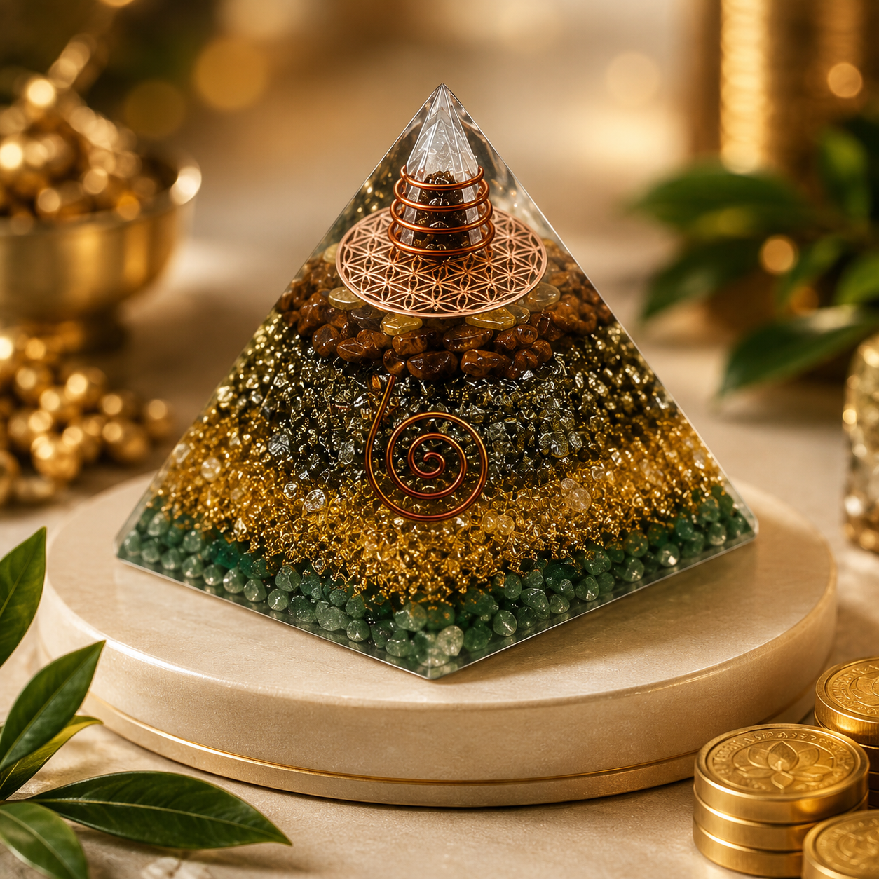 Money Magnet Pyramid on cream pedestal with prosperity coins